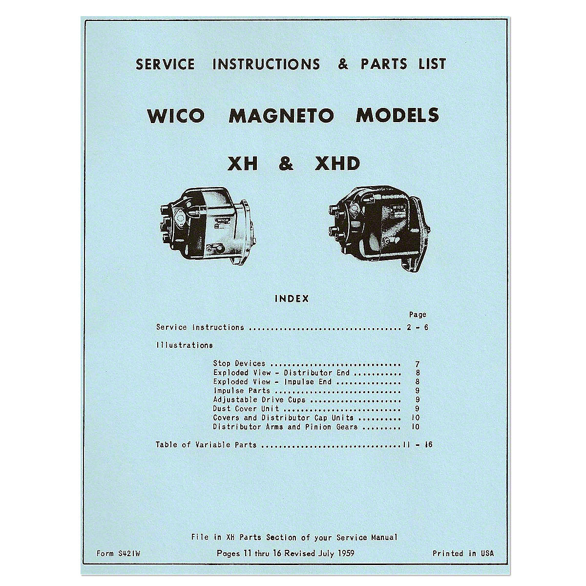 Service Instructions & Parts List For WICO XH & XHD Magneto For Oliver