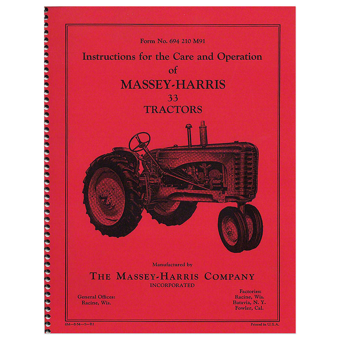 Operator Manual Care & Operation reprints Fits Massey Harris Tractor 33